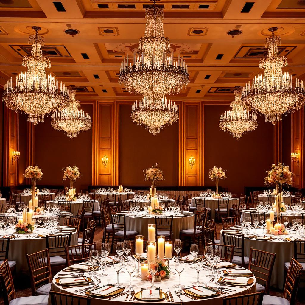 Elegant gala dinner with chandeliers