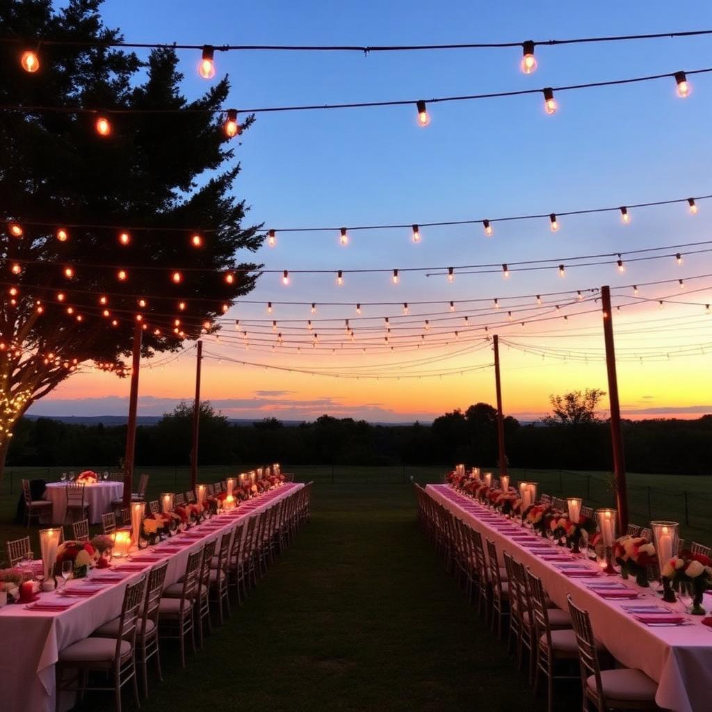 Outdoor wedding reception at sunset